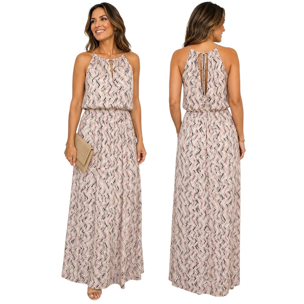White House Black Market Chevron Halter Maxi Dress Pink Tan Size 8‎ Sleeveless